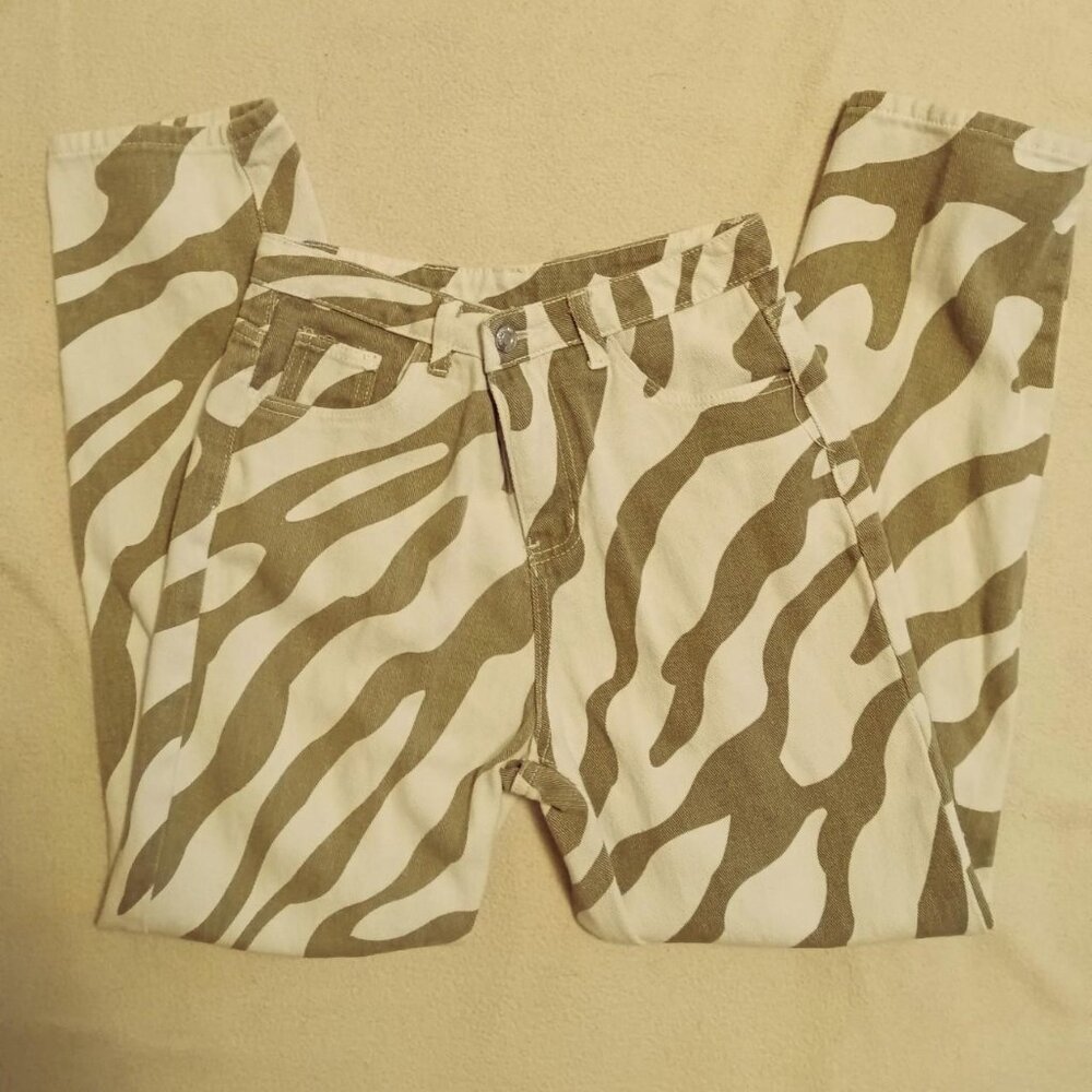 SHEIN - Tan and cream zebra print jeans with button fly